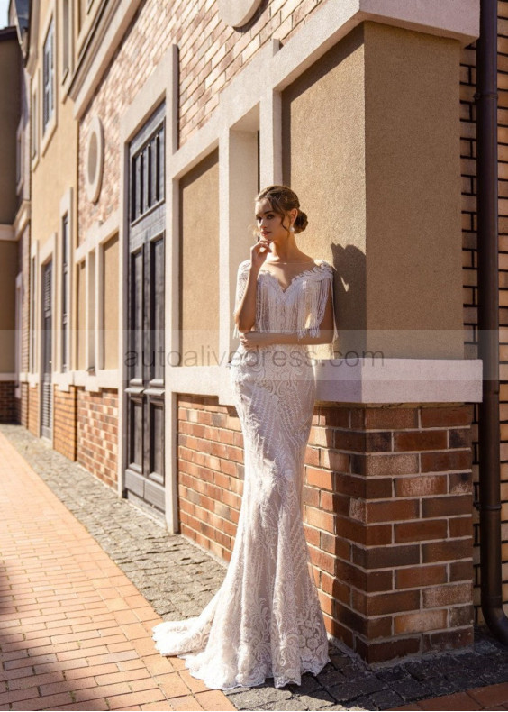 Beaded Ivory Lace Fringe Wedding Dress With Champagne Lining Beaded Ivory Lace Fringe Wedding Dress With Champagne Lining